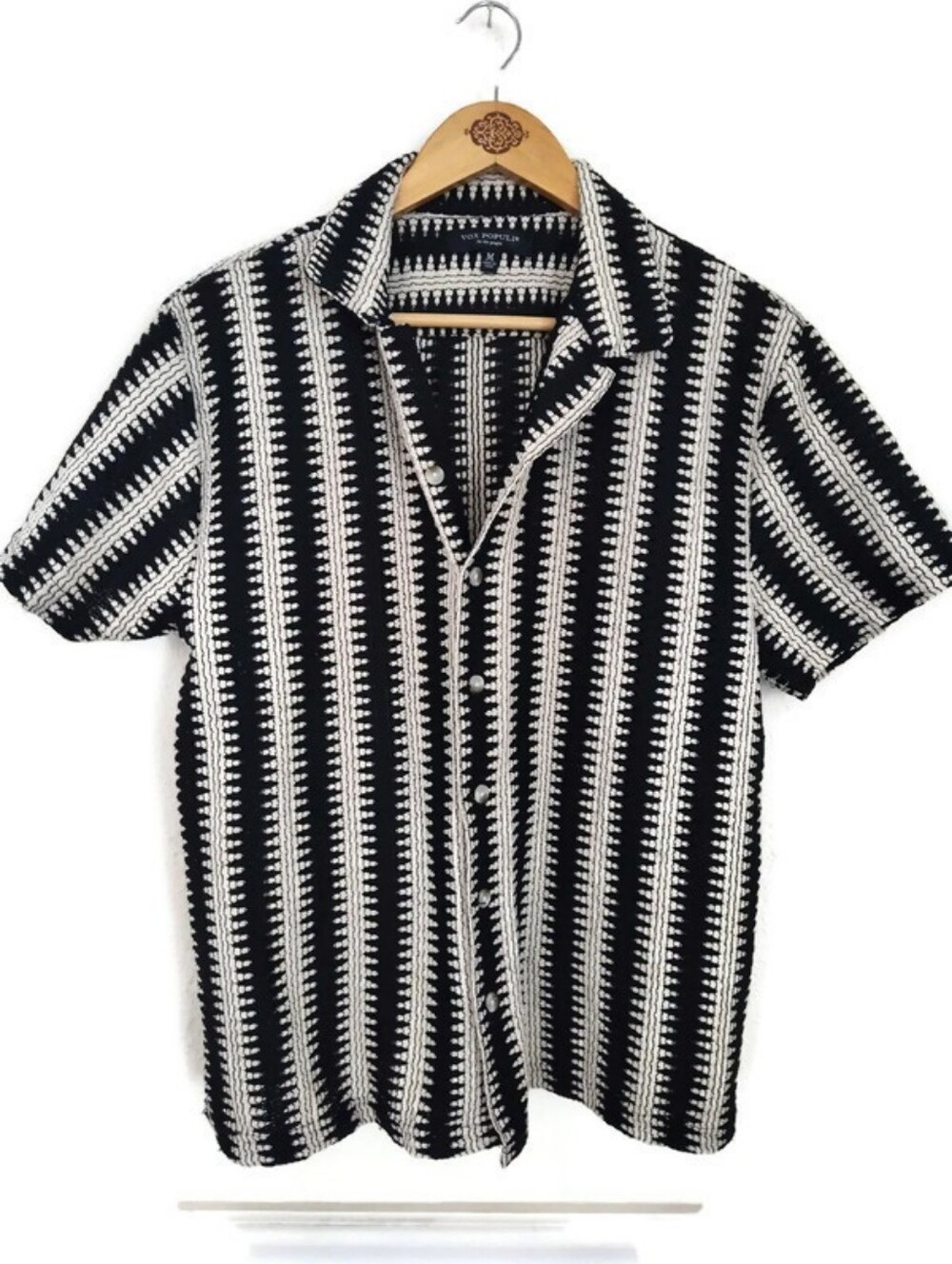 Vox Populi Black Geometric Pattern Cuban Collar Mens Shirt Medium